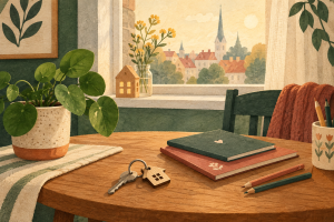 Illustratsioon koduvõtmest ja koolivihikutest hubases kodus